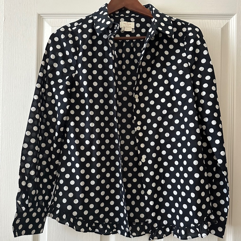 Kate Spade 100% Cotton Black & White Polka Dot Ruffle Button Blouse | Size Small